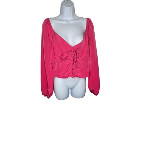 rue21 Pink Smocked Long Sleeve Crop Top Drawstring Front Boho‎ Peasant Size L - Picture 1 of 7